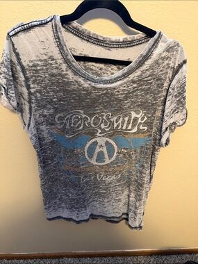Recycled Karma Grey Burnout Aerosmith Graphic Tee with Blue & Gold Accents